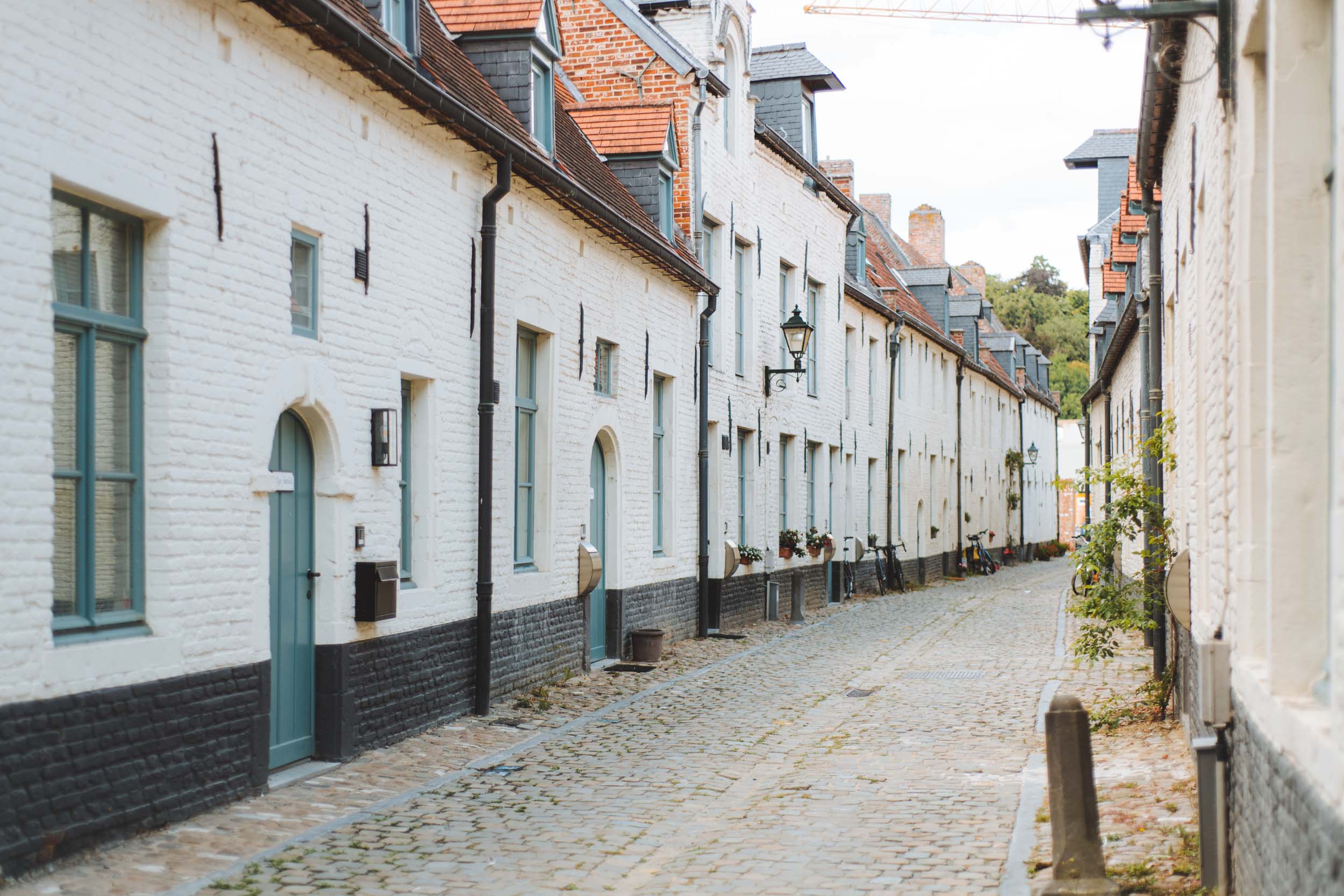 tiny white flemish houses in a row at the small beguinage in leuven